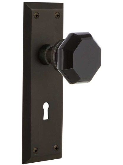 New York Door Set with Keyhole and Colored Waldorf Crystal Glass Knobs Black in Oil-Rubbed Bronze.